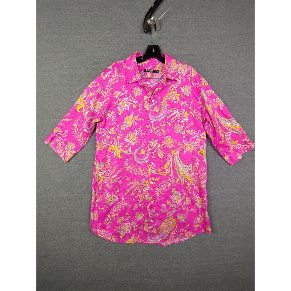 LRL Womens Shirt Large Pink Paisley Half Sleeve Monogram‎ Pajama Preppy Casual